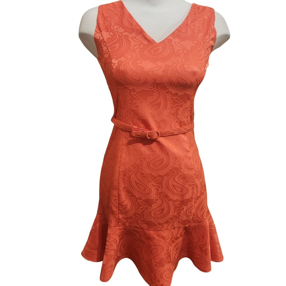 Coral Orange Paisley Jacquard V-Neck Ruffle Hem Belted Mini Dress Sleeveless